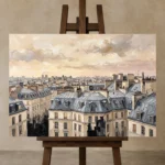 Paris Rooftop Sunset Paris Cityscape Wall Art Canvas Print displayed on a studio easel