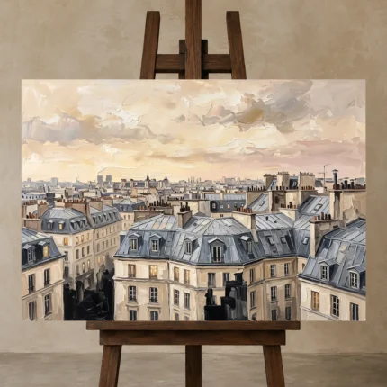 Paris Rooftop Sunset Paris Cityscape Wall Art Canvas Print displayed on a studio easel