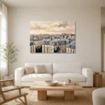Paris Rooftop Sunset Paris Cityscape Wall Art Canvas Print styled in a refined neutral interior