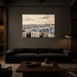 Paris Rooftop Sunset Paris Cityscape Wall Art Canvas Print shown in a warm modern interior