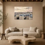 Paris Rooftop Sunset Paris Cityscape Wall Art Canvas Print presented in a sophisticated home setting