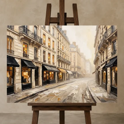 Paris Boutique Street Paris Cityscape Wall Art Canvas Print displayed on a studio easel