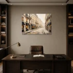 Paris Boutique Street Paris Cityscape Wall Art Canvas Print displayed in a contemporary gallery-inspired room
