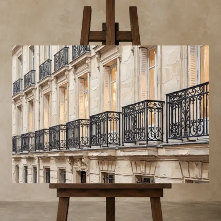 Paris Balcony Facade Paris Cityscape Wall Art Canvas Print displayed on a studio easel