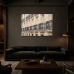 Paris Balcony Facade Paris Cityscape Wall Art Canvas Print shown in a warm modern interior