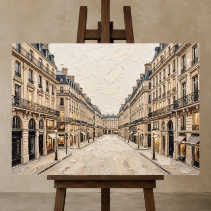 Paris Grand Avenue Paris Cityscape Wall Art Canvas Print displayed on a studio easel