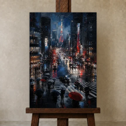 Tokyo Tower Night Cinematic Cityscapes Canvas Print shown in Studio Easel