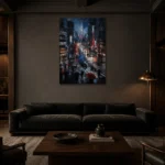 Tokyo Tower Night Cinematic Cityscapes Canvas Print shown in a warm modern interior