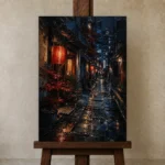 Tokyo Lantern Alley Cinematic Cityscapes Canvas Print displayed on a studio easel