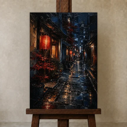 Tokyo Lantern Alley Cinematic Cityscapes Canvas Print shown in Studio Easel