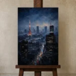 Tokyo Skyline Night Cinematic Cityscapes Canvas Print displayed on a studio easel