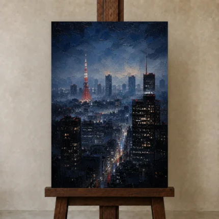 Tokyo Skyline Night Cinematic Cityscapes Canvas Print shown in Studio Easel