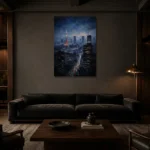 Tokyo Skyline Night Cinematic Cityscapes Canvas Print shown in a warm modern interior