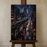 Tokyo Metro Night Cinematic Cityscapes Canvas Print displayed on a studio easel