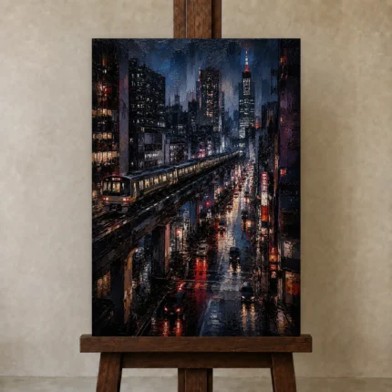 Tokyo Metro Night Cinematic Cityscapes Canvas Print shown in Studio Easel