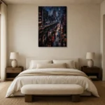 Tokyo Metro Night Cinematic Cityscapes Canvas Print showcased in an elegant minimalist interior