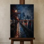 Tokyo Waterfront Night Cinematic Cityscapes Canvas Print displayed on a studio easel
