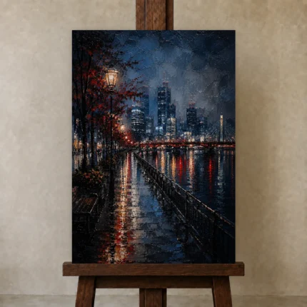 Tokyo Waterfront Night Cinematic Cityscapes Canvas Print shown in Studio Easel