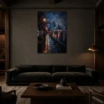 Tokyo Waterfront Night Cinematic Cityscapes Canvas Print shown in a warm modern interior