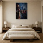 Tokyo Waterfront Night Cinematic Cityscapes Canvas Print showcased in an elegant minimalist interior