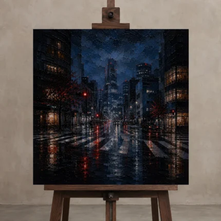 Tokyo Rain Crosswalk Cinematic Cityscapes Canvas Print displayed on a studio easel