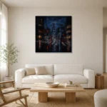 Tokyo Rain Crosswalk Cinematic Cityscapes Canvas Print styled in a refined neutral interior