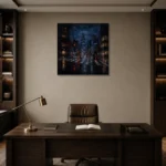 Tokyo Rain Crosswalk Cinematic Cityscapes Canvas Print displayed in a contemporary gallery-inspired room