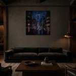 Tokyo Rain Crosswalk Cinematic Cityscapes Canvas Print shown in a warm modern interior