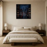 Tokyo Rain Crosswalk Cinematic Cityscapes Canvas Print showcased in an elegant minimalist interior