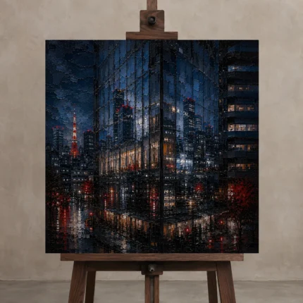 Tokyo Glass Tower Cinematic Cityscapes Canvas Print displayed on a studio easel