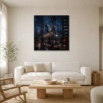 Tokyo Glass Tower Cinematic Cityscapes Canvas Print styled in a refined neutral interior