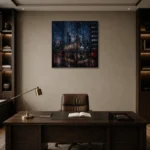 Tokyo Glass Tower Cinematic Cityscapes Canvas Print displayed in a contemporary gallery-inspired room