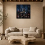 Tokyo Glass Tower Cinematic Cityscapes Canvas Print presented in a sophisticated home setting