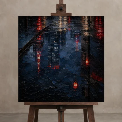 Tokyo Reflections Night Cinematic Cityscapes Canvas Print displayed on a studio easel