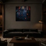 Tokyo Reflections Night Cinematic Cityscapes Canvas Print shown in a warm modern interior