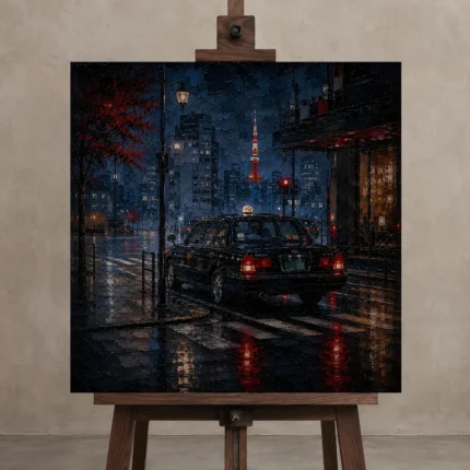 Tokyo Taxi Night Cinematic Cityscapes Canvas Print displayed on a studio easel
