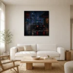 Tokyo Taxi Night Cinematic Cityscapes Canvas Print styled in a refined neutral interior