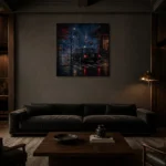 Tokyo Taxi Night Cinematic Cityscapes Canvas Print shown in a warm modern interior