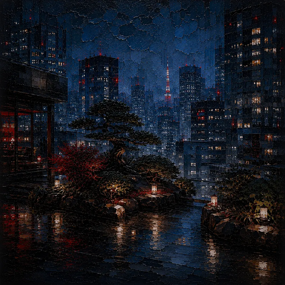 Tokyo Rooftop Garden Cinematic Cityscapes Canvas Print