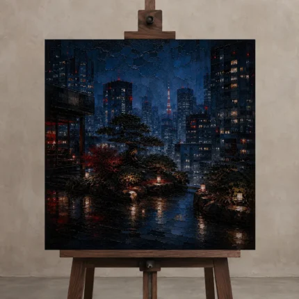 Tokyo Rooftop Garden Cinematic Cityscapes Canvas Print displayed on a studio easel