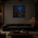Tokyo Rooftop Garden Cinematic Cityscapes Canvas Print shown in a warm modern interior