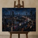 Tokyo Expressway Night Cinematic Cityscapes Canvas Print displayed on a studio easel