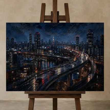Tokyo Expressway Night Cinematic Cityscapes Canvas Print displayed on a studio easel