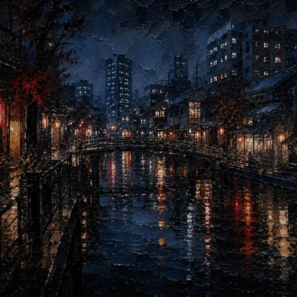 Tokyo Canal Night Cinematic Cityscapes Canvas Print
