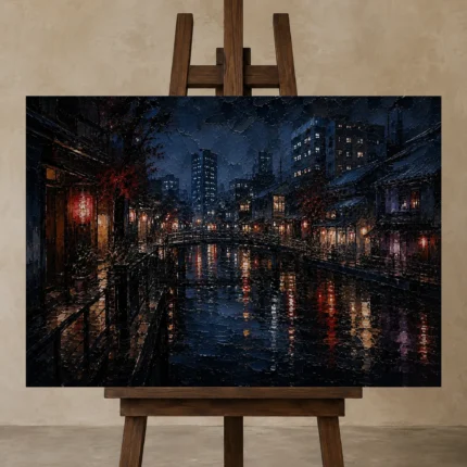 Tokyo Canal Night Cinematic Cityscapes Canvas Print displayed on a studio easel