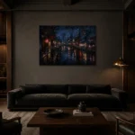 Tokyo Canal Night Cinematic Cityscapes Canvas Print shown in a warm modern interior