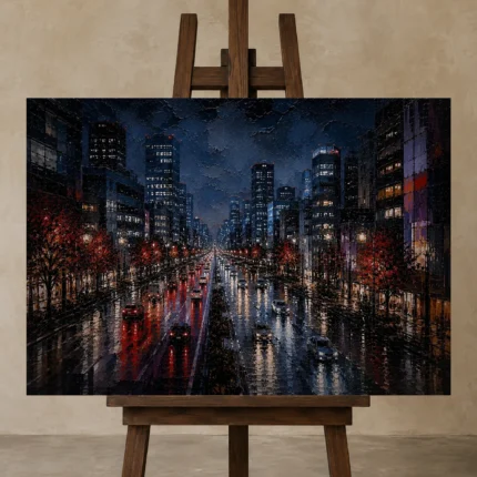 Tokyo Rain Boulevard Cinematic Cityscapes Canvas Print displayed on a studio easel