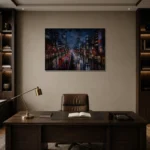 Tokyo Rain Boulevard Cinematic Cityscapes Canvas Print displayed in a contemporary gallery-inspired room