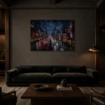Tokyo Rain Boulevard Cinematic Cityscapes Canvas Print shown in a warm modern interior