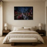 Tokyo Rain Boulevard Cinematic Cityscapes Canvas Print showcased in an elegant minimalist interior